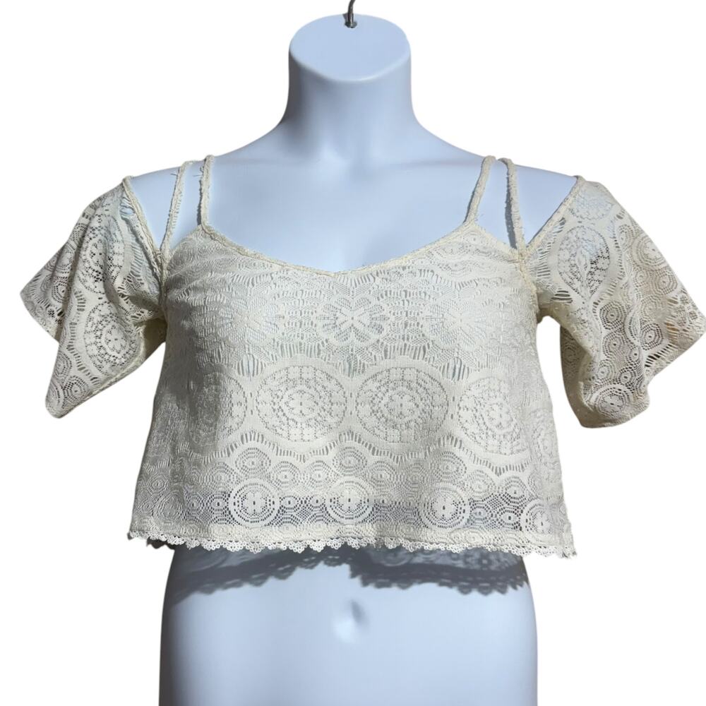 Kendall & Kylie Cream Floral Lace Cold Shoulder Crop Top XS Ivory Boho‎ Festival